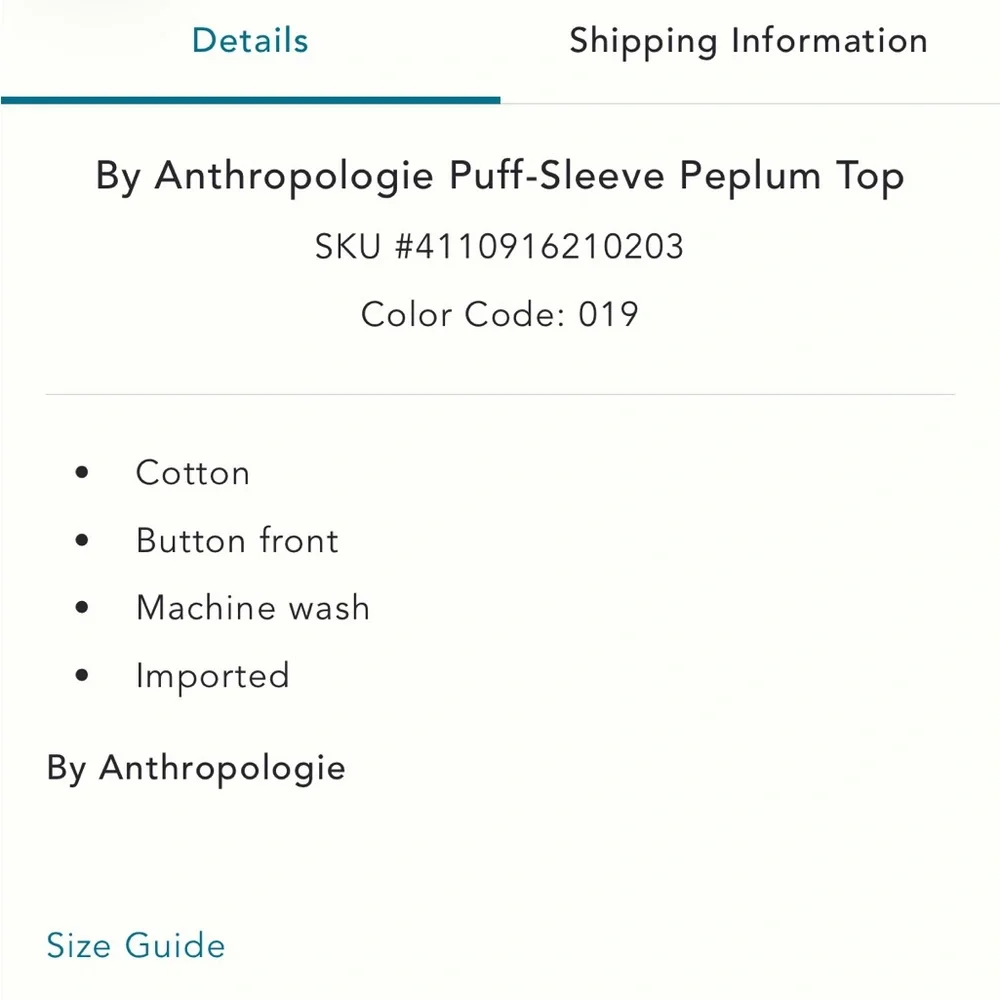 Anthropologie Puff Sleeve Peplum Top